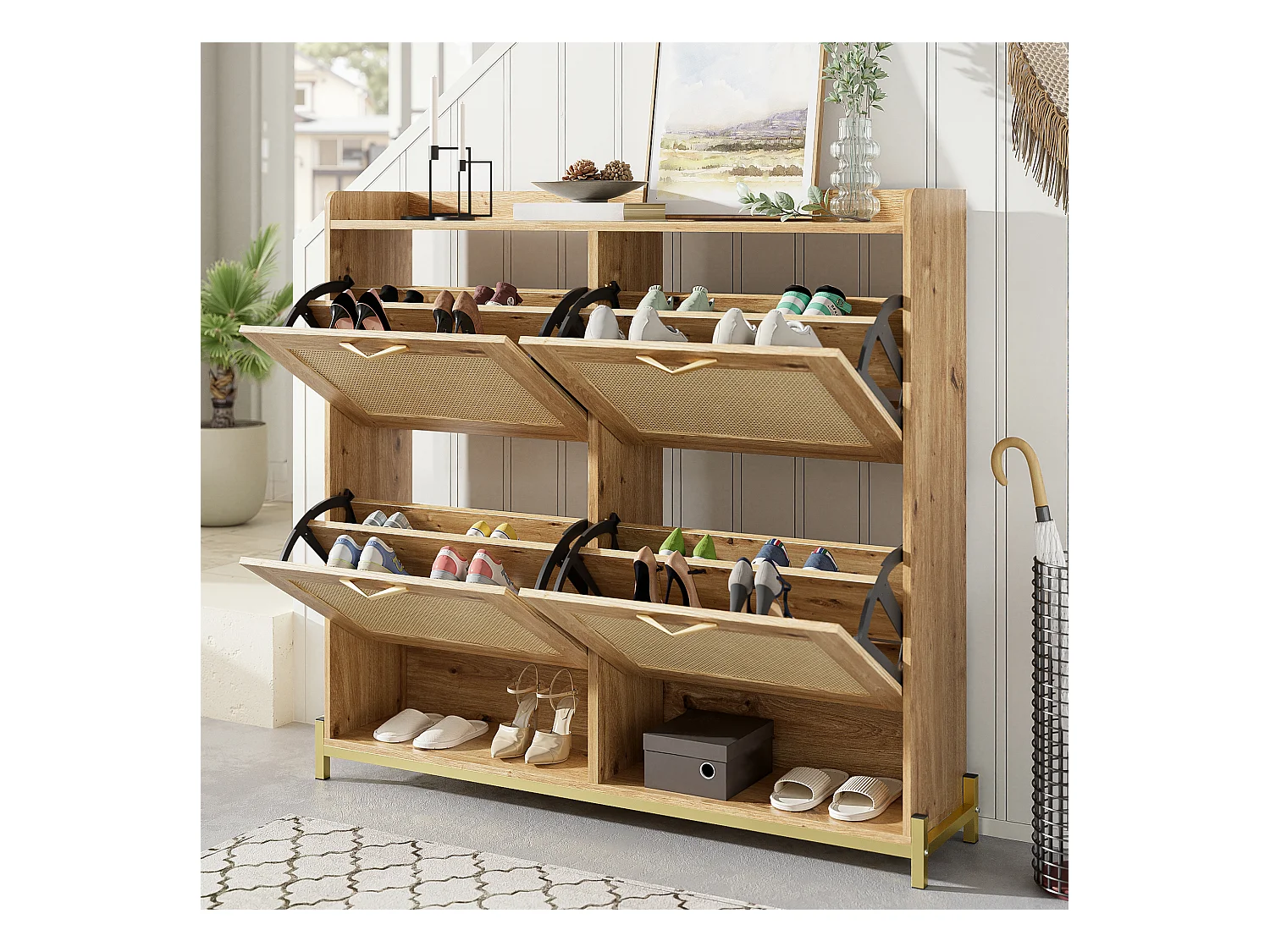 Moderne schoenenkast - met rattan deuren - 4 deuren - metalen frame - naturel