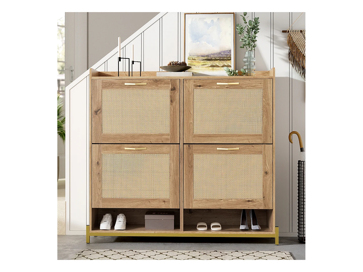 Moderne schoenenkast - met rattan deuren - 4 deuren - metalen frame - naturel