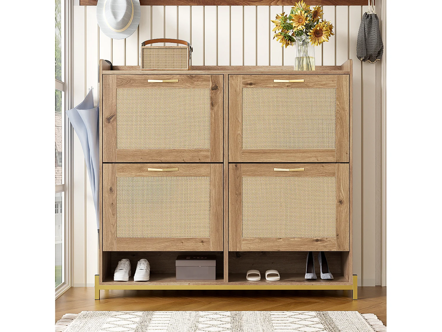 Moderner Schuhschrank - mit Rattantüren - 4 Türen - Metallgestell - natur