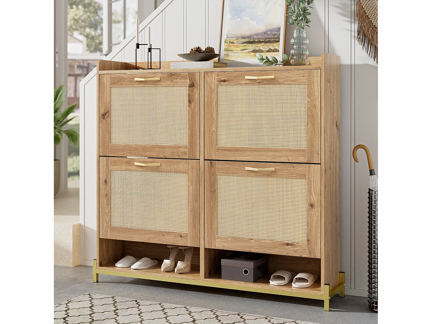 Moderner Schuhschrank - mit Rattantüren - 4 Türen - Metallgestell - natur