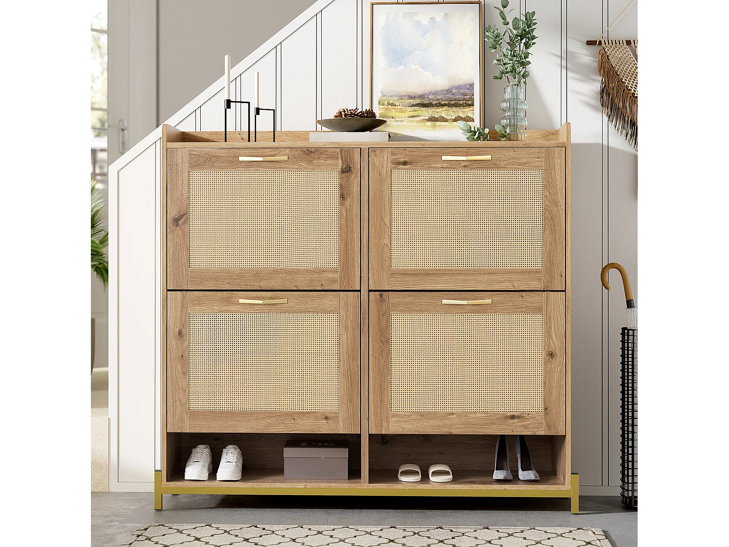 Moderner Schuhschrank - mit Rattantüren - 4 Türen - Metallgestell - natur