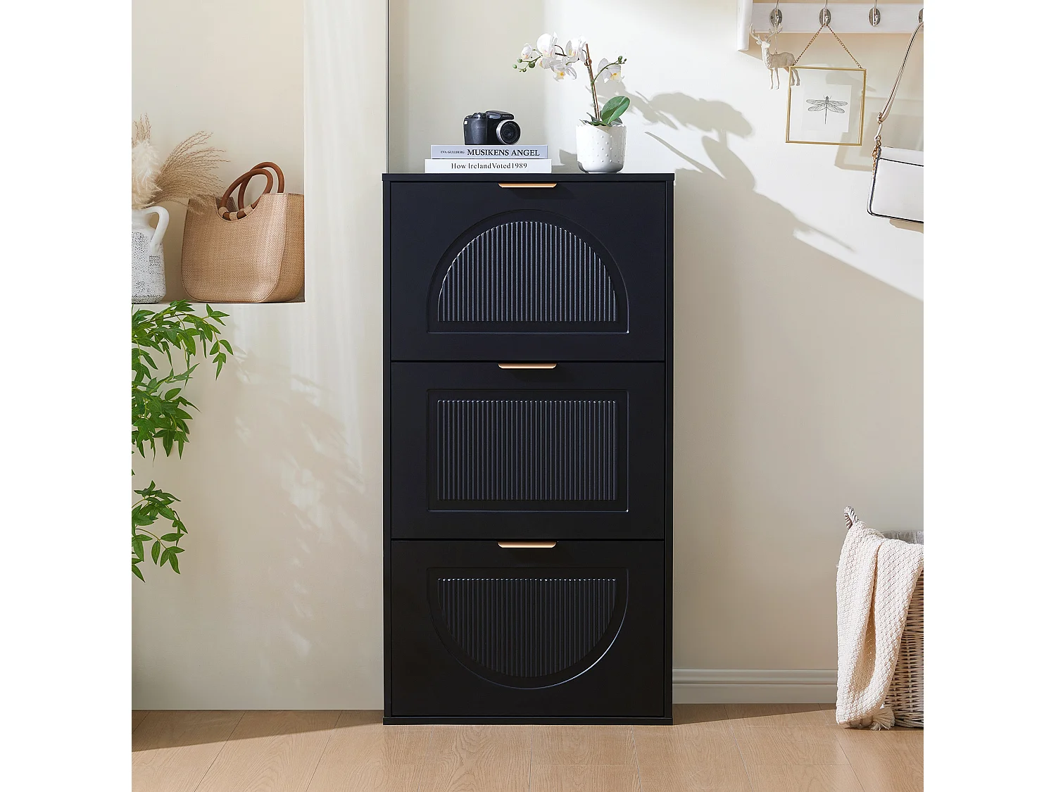 Scarpiera stretta a 3 ante - 60 x 24 x 114 cm - per soggiorno - MDF - nero