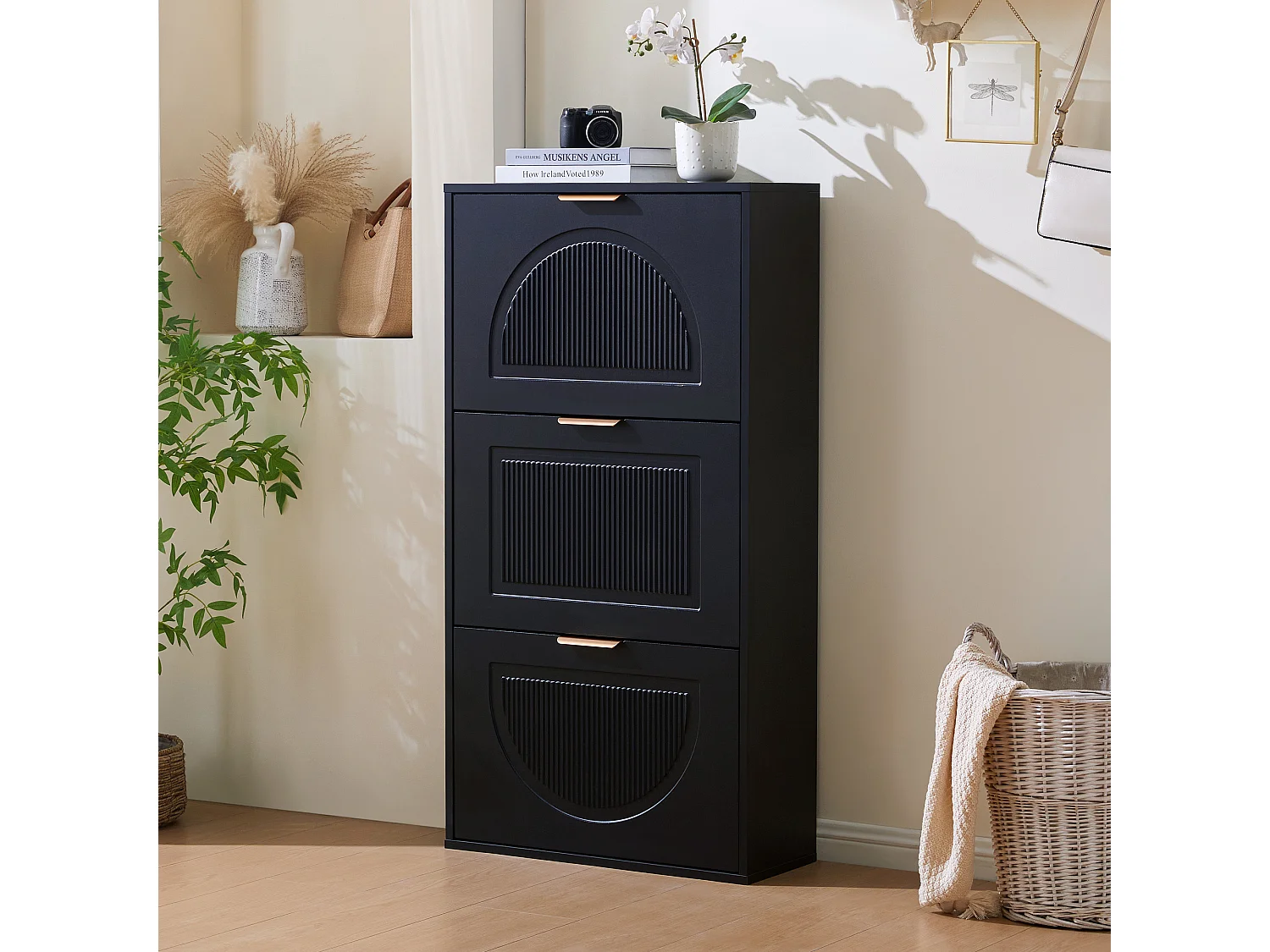 Scarpiera stretta a 3 ante - 60 x 24 x 114 cm - per soggiorno - MDF - nero