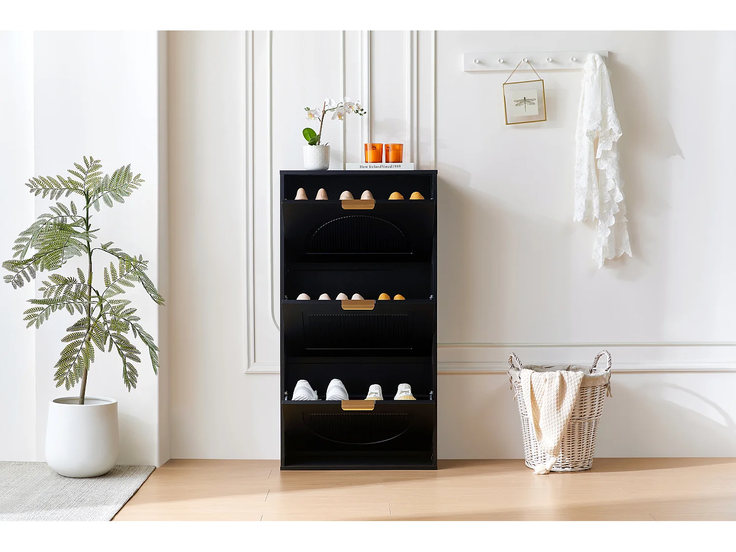 Scarpiera stretta a 3 ante - 60 x 24 x 114 cm - per soggiorno - MDF - nero