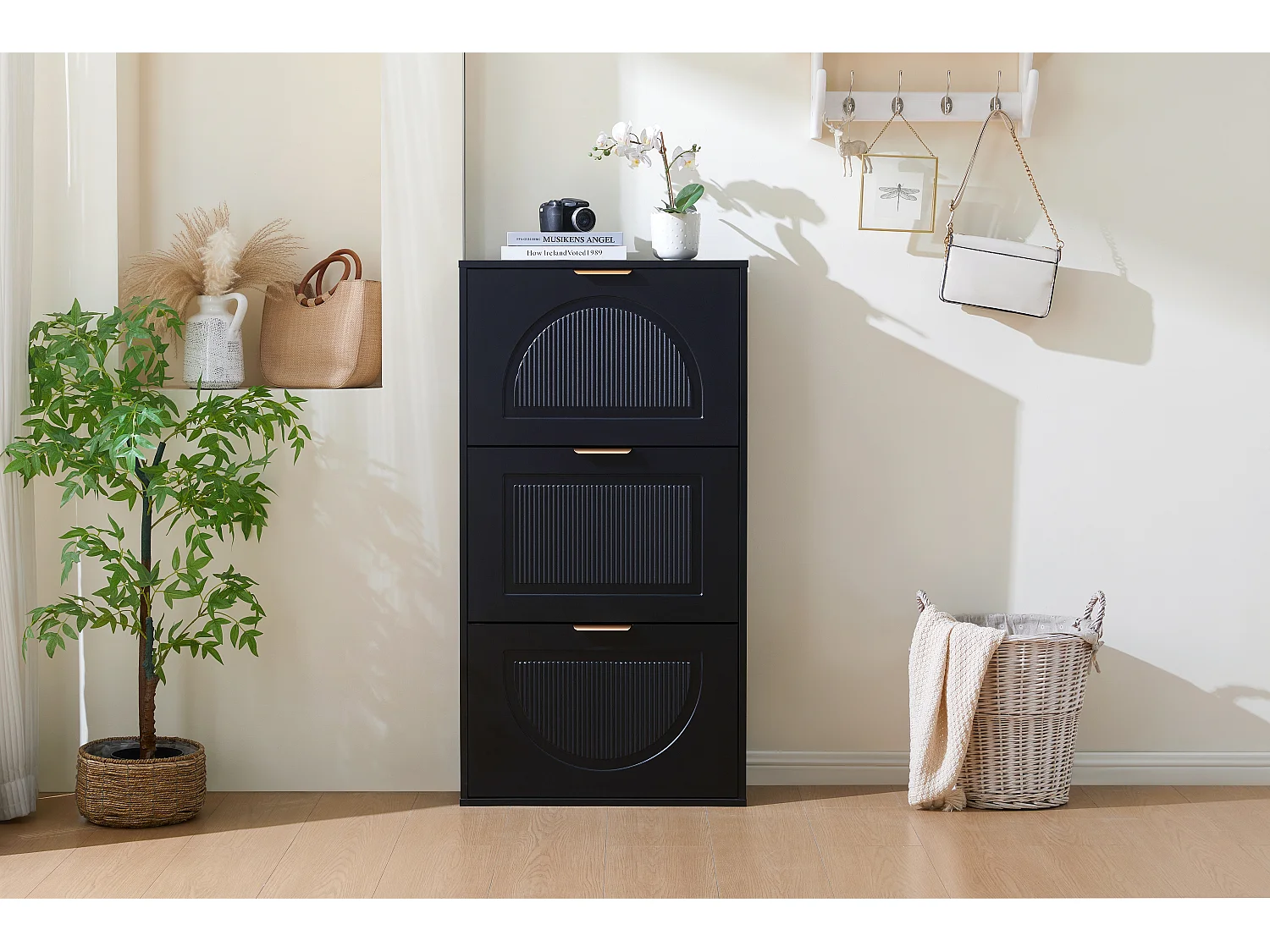 Scarpiera stretta a 3 ante - 60 x 24 x 114 cm - per soggiorno - MDF - nero