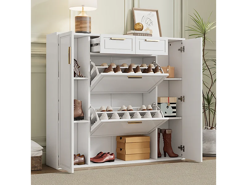 Klappbarer Schuhschrank – 120 x 24 x 107 cm – mit 2 Schubladen + 2 Türen + verstellbaren Einlegeböden – MDF + Metall – weiß