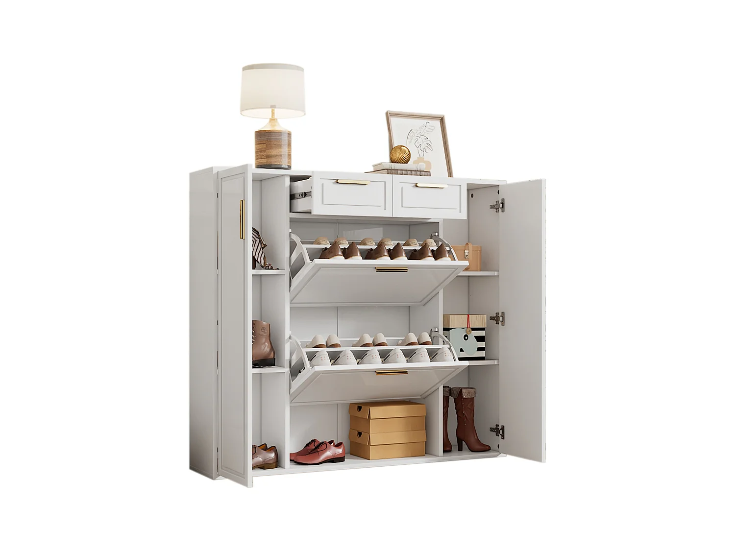 Meuble à chaussures pliant - 120 x 24 x 107 cm - avec 2 tiroirs + 2 portes + étagères réglables - MDF + métal - blanc