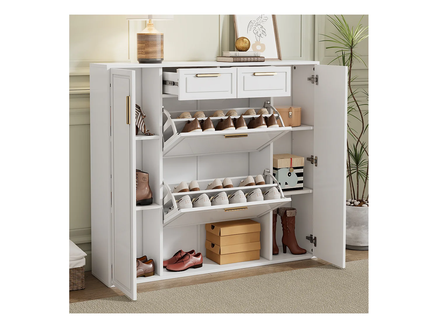 Meuble à chaussures pliant - 120 x 24 x 107 cm - avec 2 tiroirs + 2 portes + étagères réglables - MDF + métal - blanc