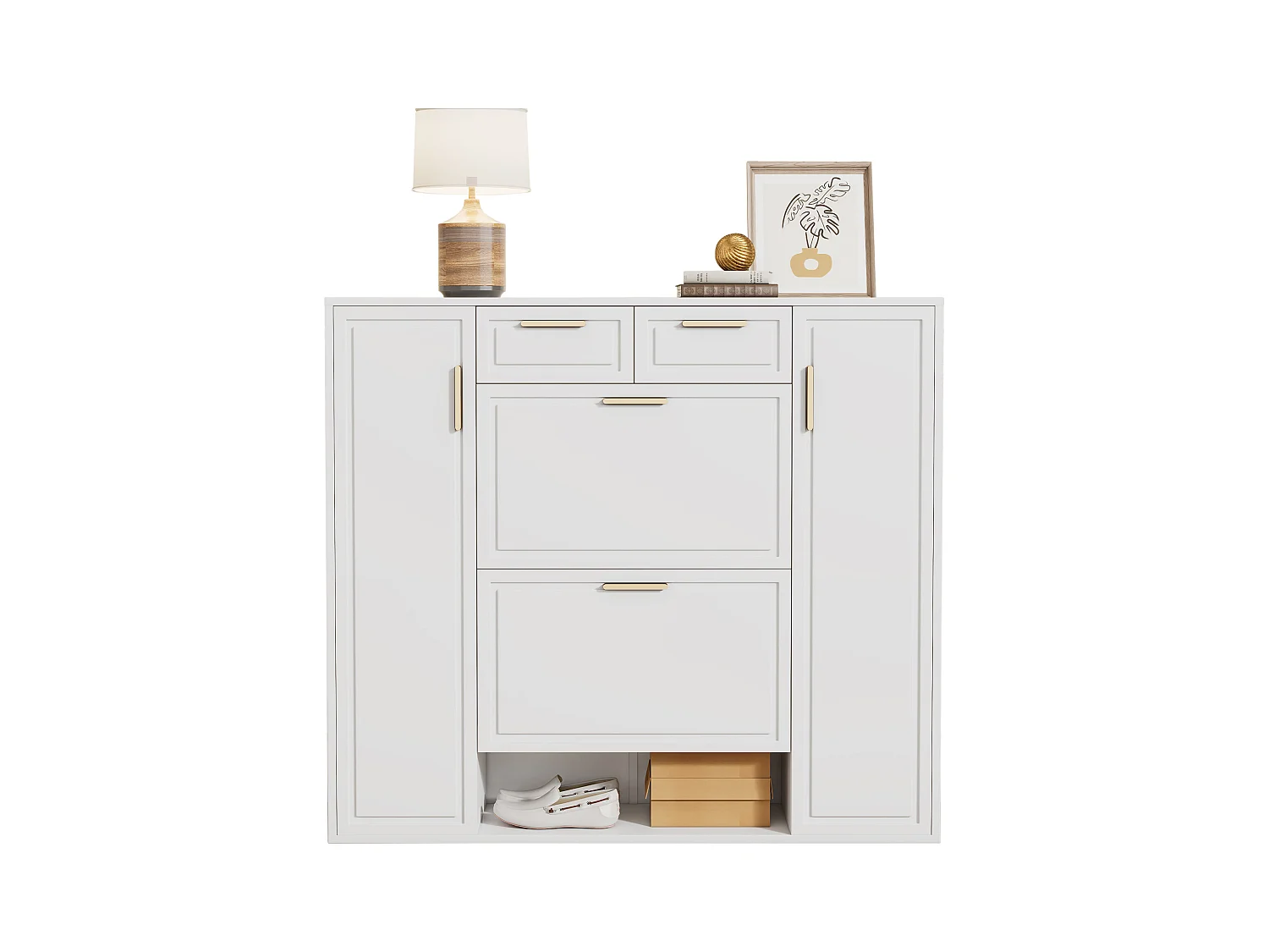 Meuble à chaussures pliant - 120 x 24 x 107 cm - avec 2 tiroirs + 2 portes + étagères réglables - MDF + métal - blanc