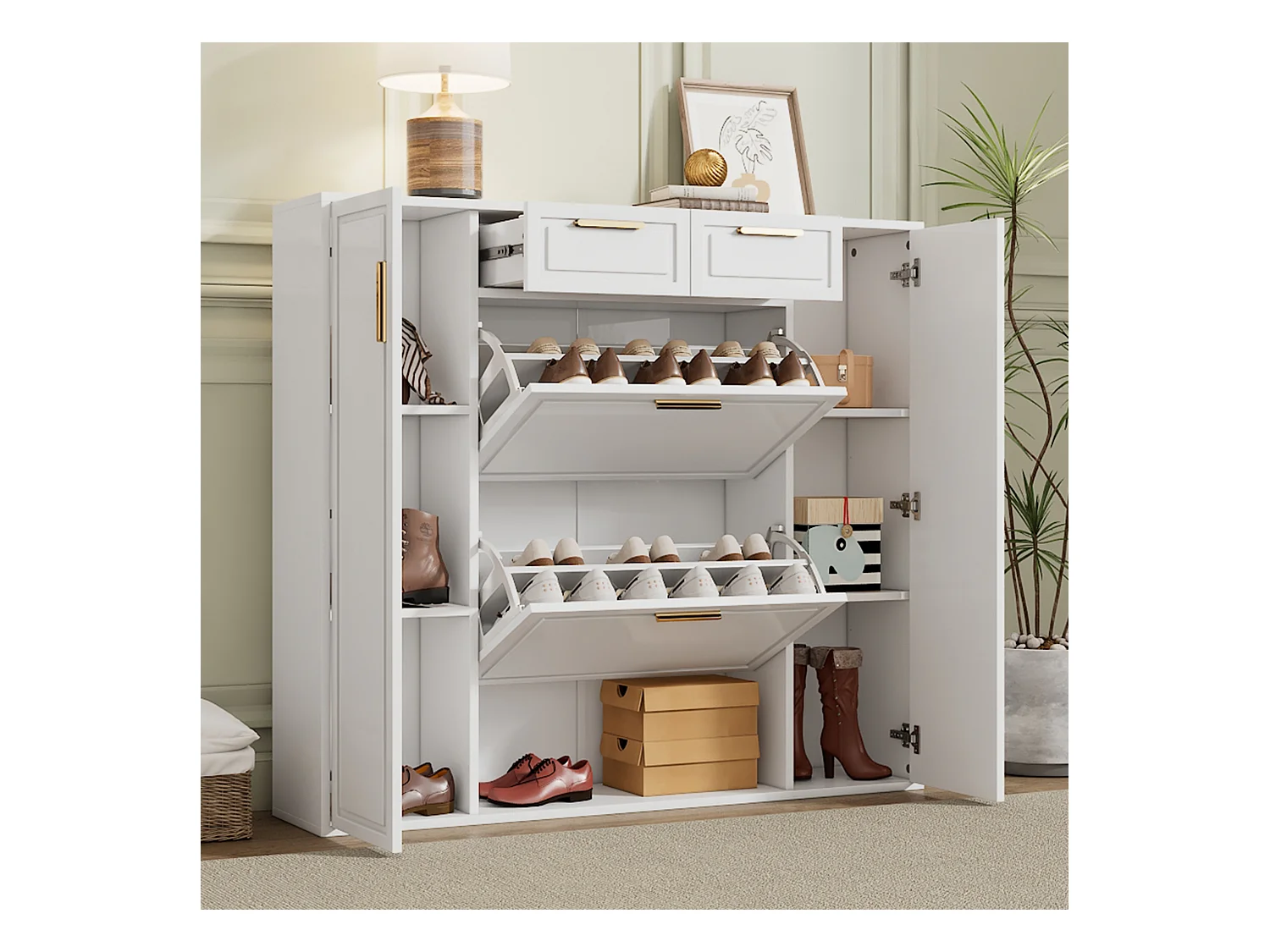 Klappbarer Schuhschrank – 120 x 24 x 107 cm – mit 2 Schubladen + 2 Türen + verstellbaren Einlegeböden – MDF + Metall – weiß