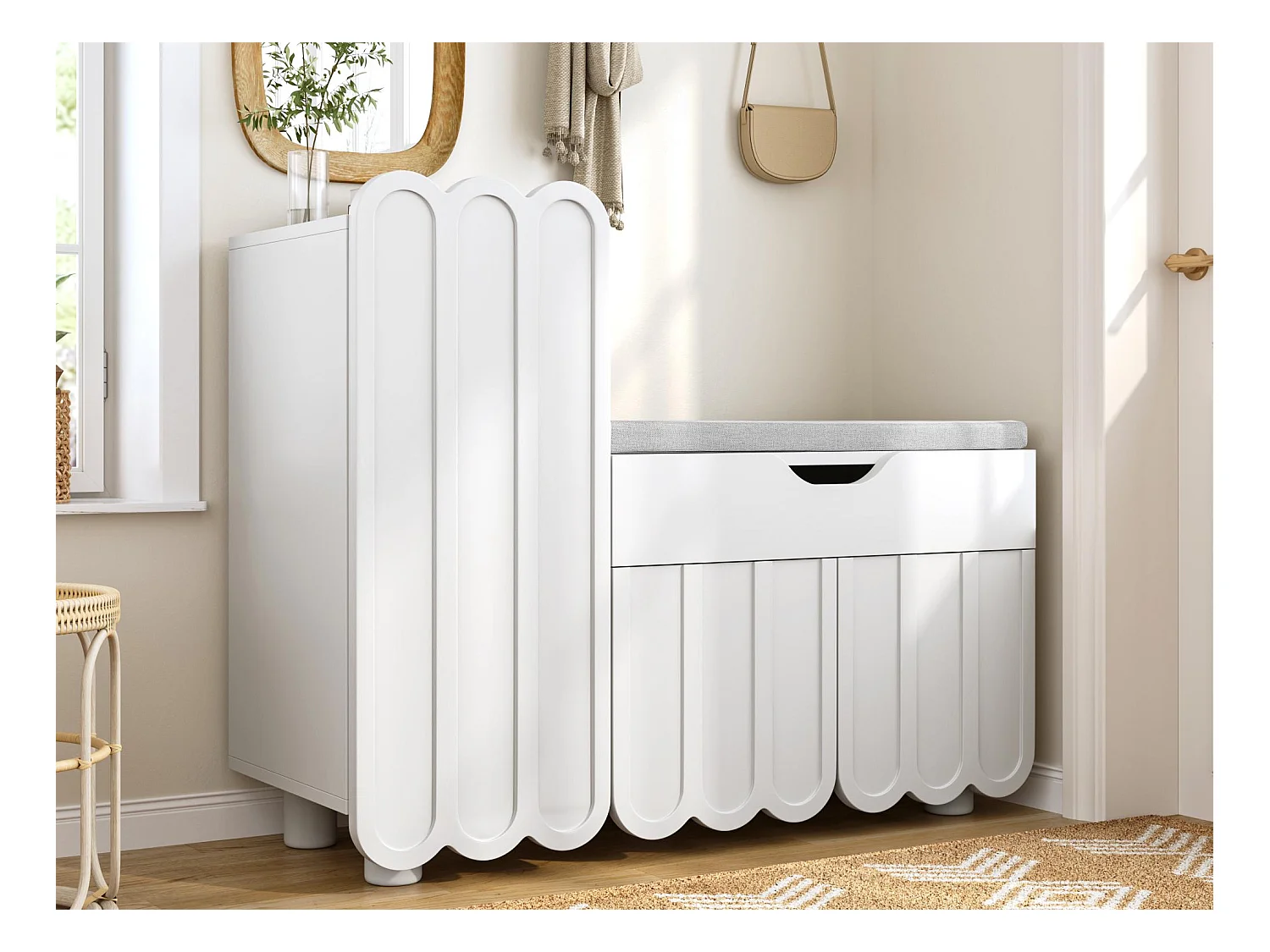 Meuble à chaussures moderne - avec 1 tiroir + coussin d'assise - avec 3 portes - blanc