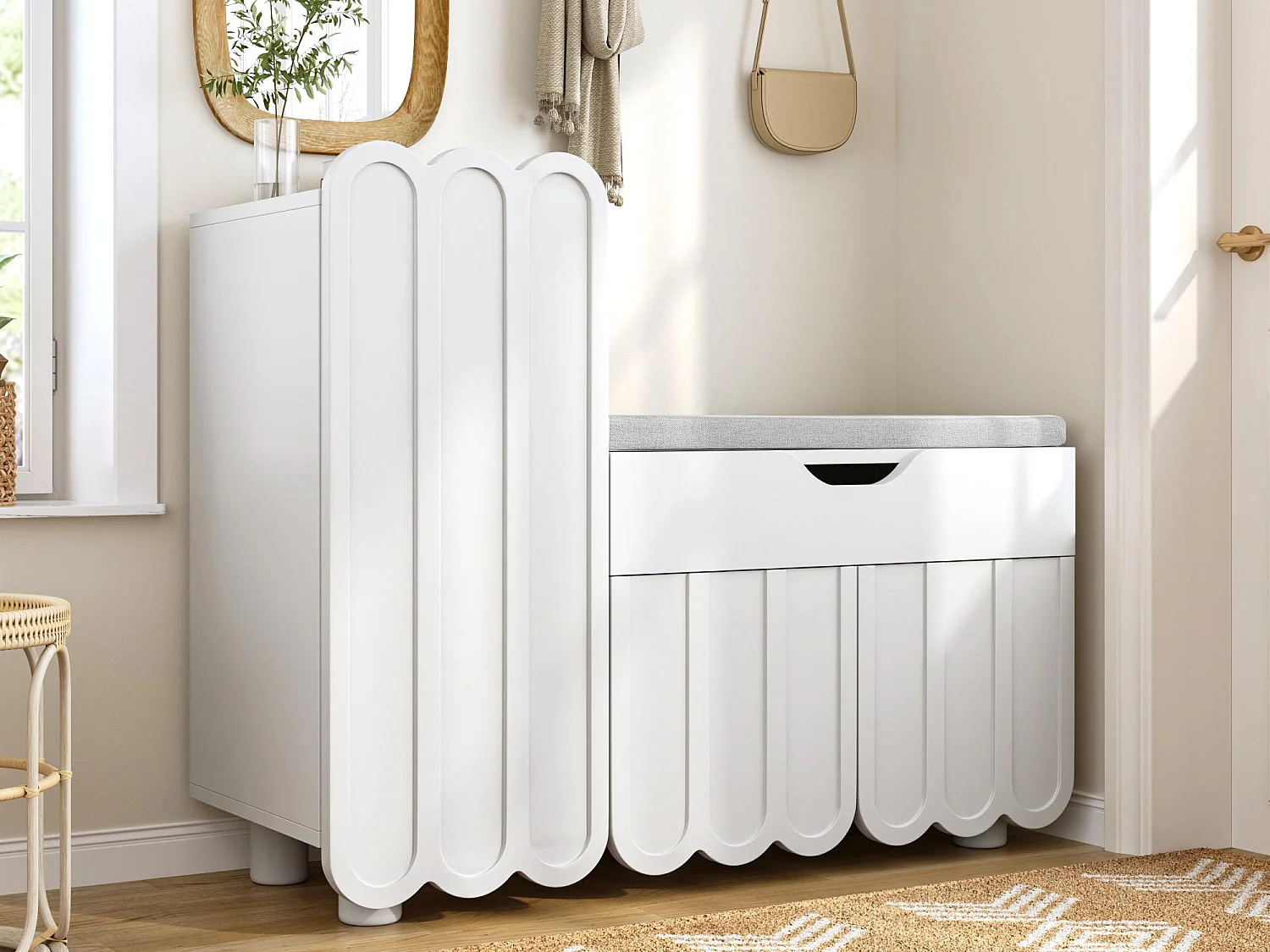 Meuble à chaussures moderne - avec 1 tiroir + coussin d'assise - avec 3 portes - blanc