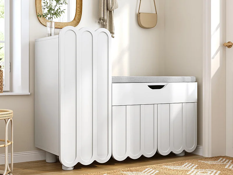 Meuble à chaussures moderne - avec 1 tiroir + coussin d'assise - avec 3 portes - blanc