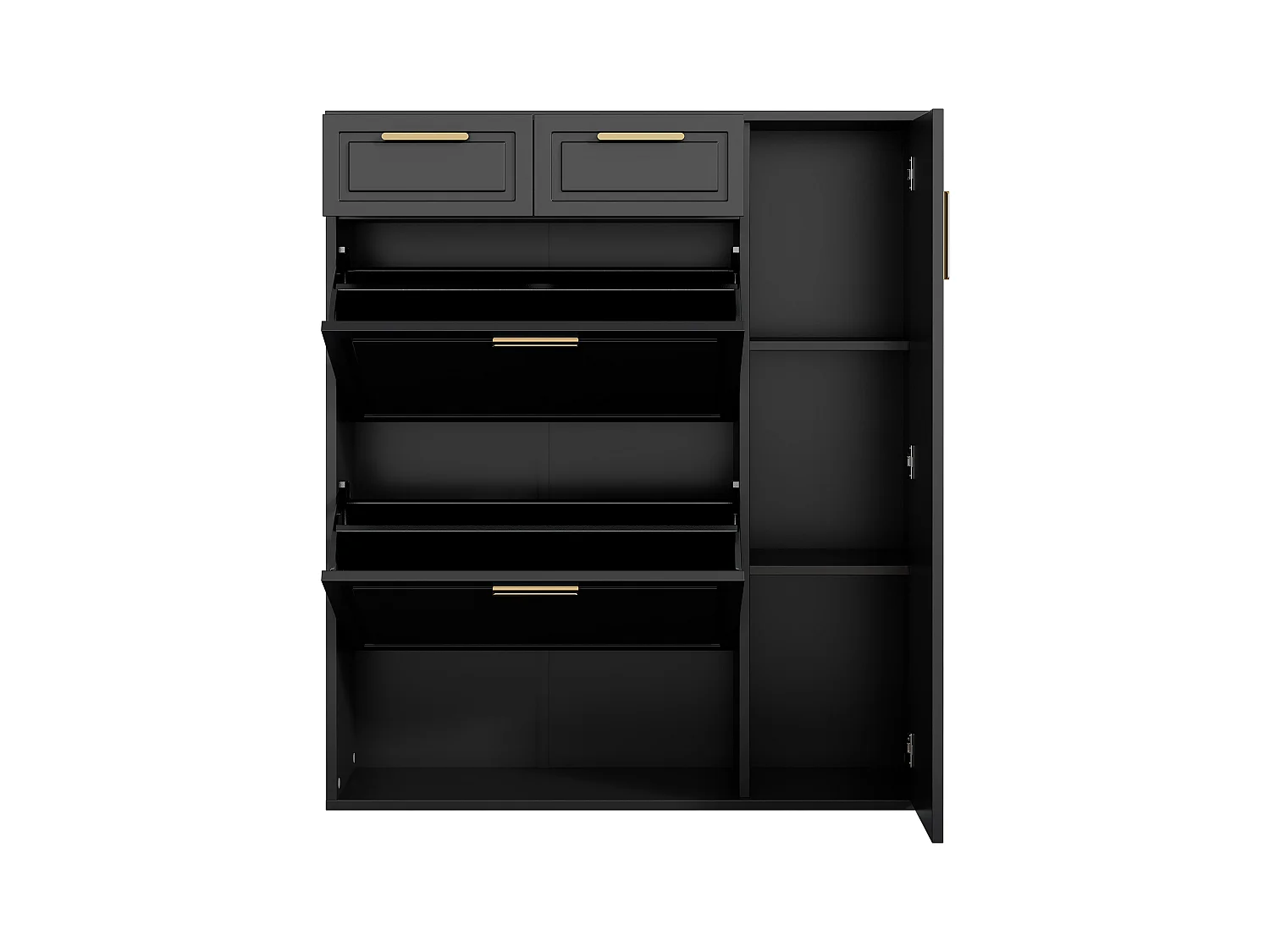 Składana szafka na buty - 95 x 24 x 107,5 cm - z regulowanymi półkami + 2 szuflady + 1 drzwi - płyta wiórowa + MDF + metal - czarna