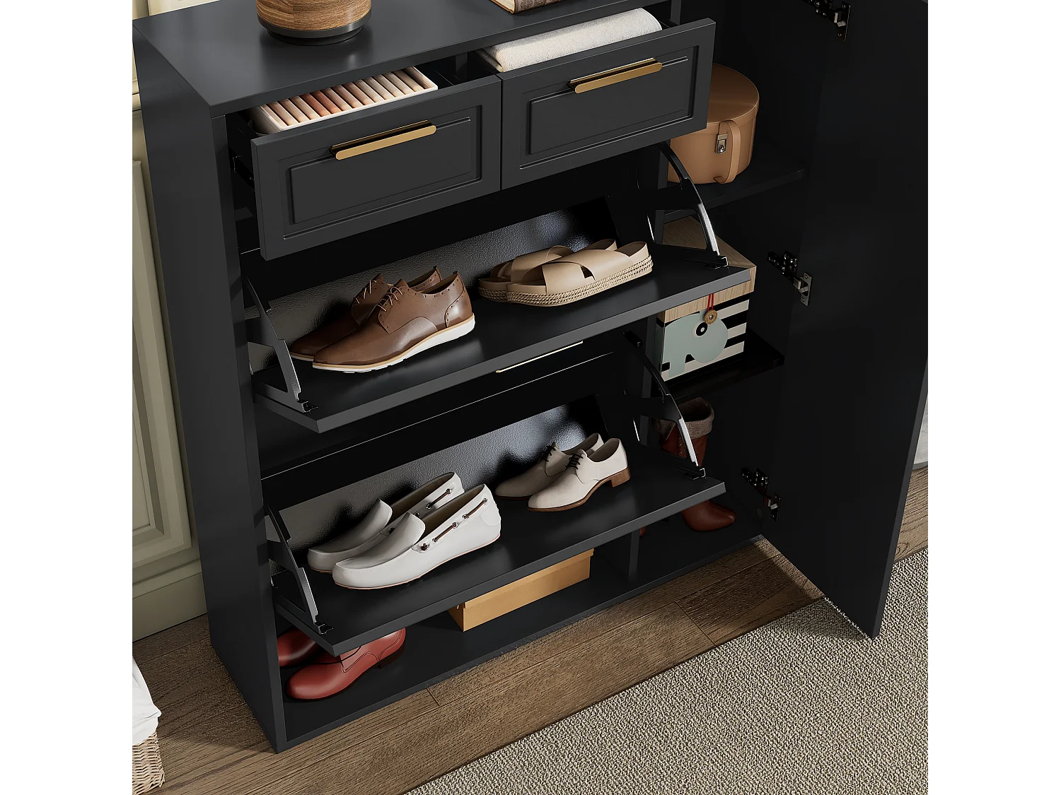 Meuble à chaussures pliant - 95 x 24 x 107.5 cm - avec étagères réglables + 2 tiroirs + 1 porte - aggloméré + MDF + métal - noir