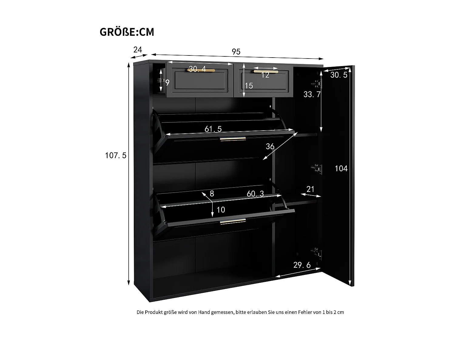 Meuble à chaussures pliant - 95 x 24 x 107.5 cm - avec étagères réglables + 2 tiroirs + 1 porte - aggloméré + MDF + métal - noir