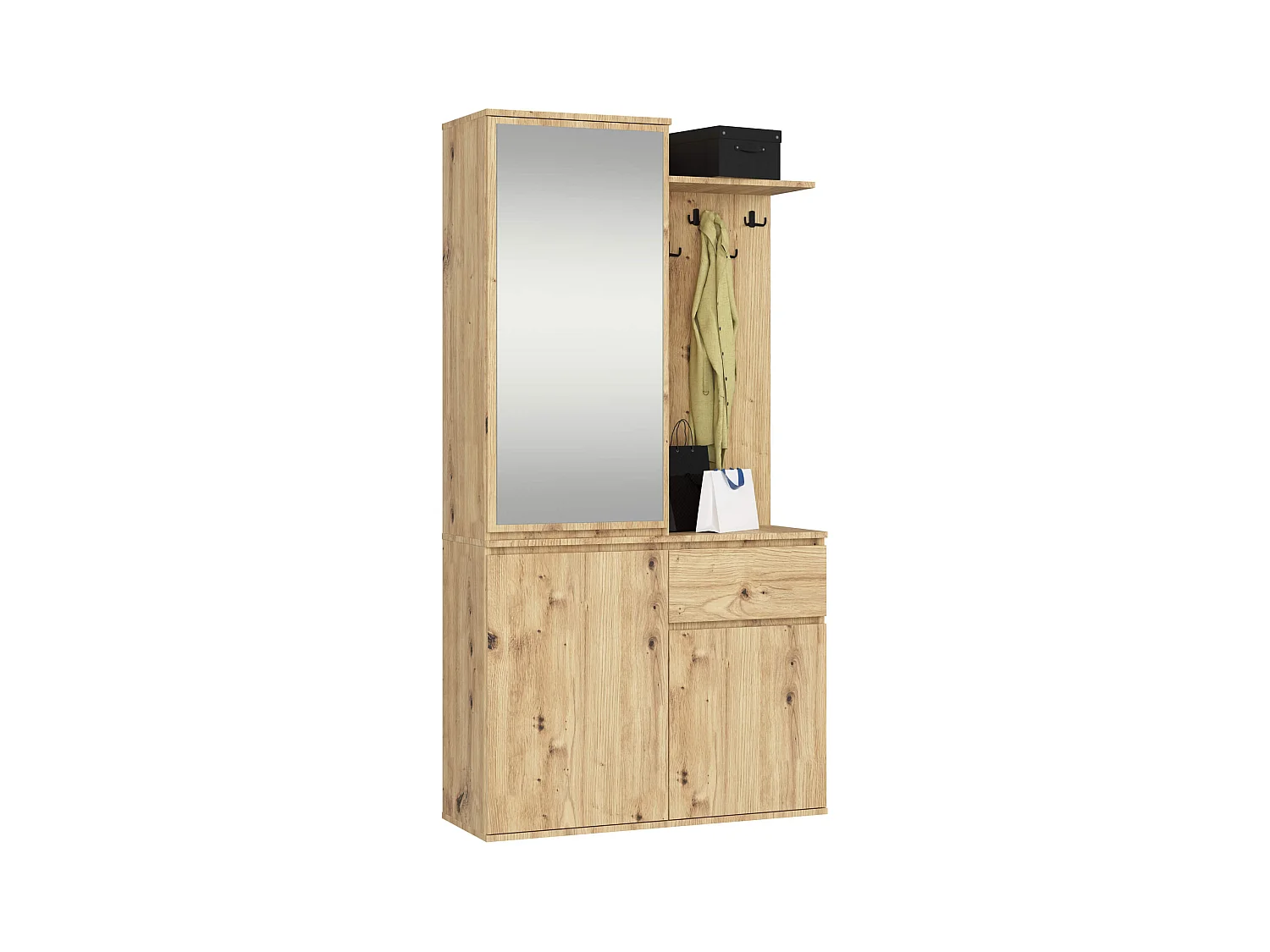 Ensemble de meubles d'entrée ENTRO Chêne Artisan avec armoire et miroir 95 cm 3 portes 1 tiroir 7 étagères 95x35x183 cm