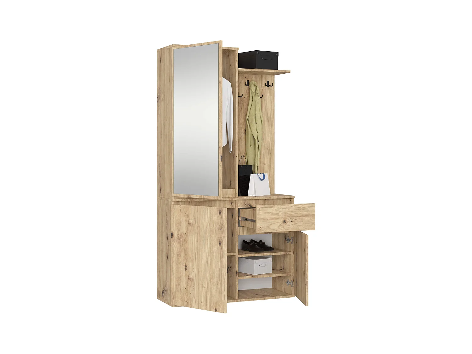 Ensemble de meubles d'entrée ENTRO Chêne Artisan avec armoire et miroir 95 cm 3 portes 1 tiroir 7 étagères 95x35x183 cm