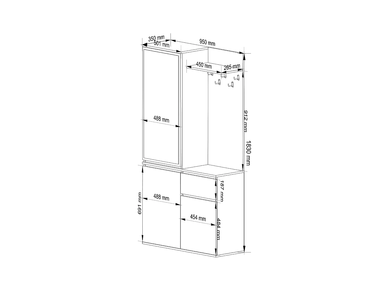 Ensemble de meubles d'entrée ENTRO Chêne Artisan avec armoire et miroir 95 cm 3 portes 1 tiroir 7 étagères 95x35x183 cm