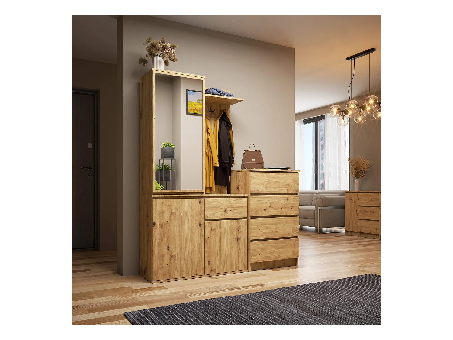 Ensemble de meubles d'entrée ENTRO Chêne Artisan avec armoire et miroir 95 cm 3 portes 1 tiroir 7 étagères 95x35x183 cm