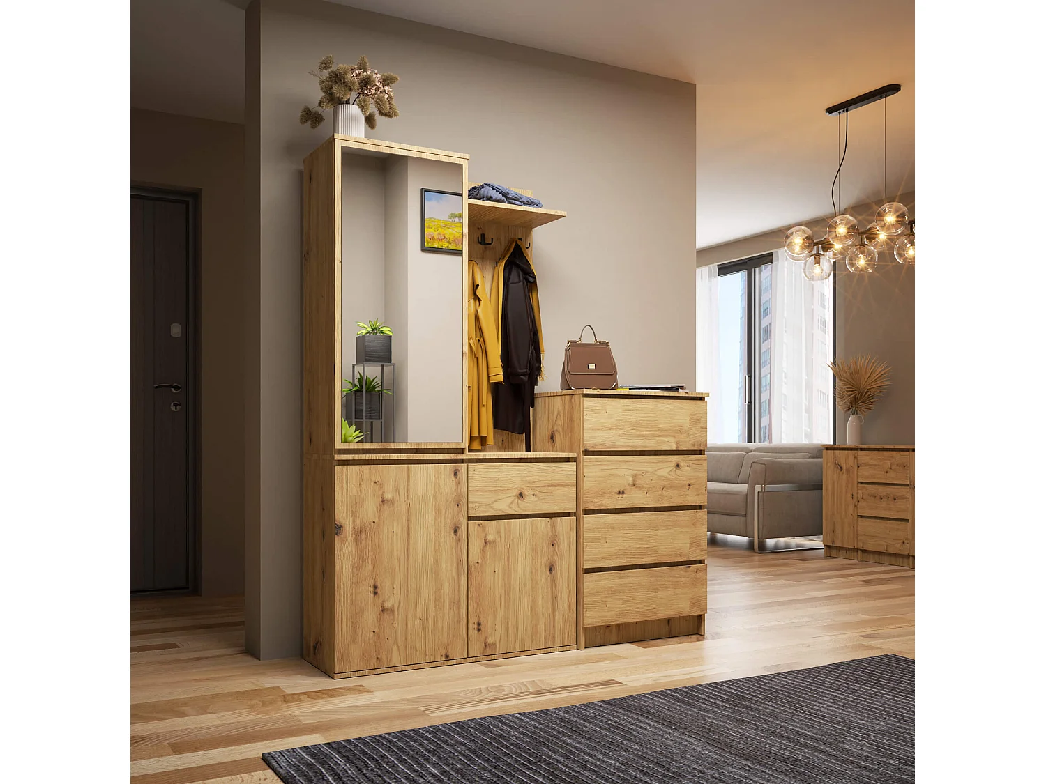 Ensemble de meubles d'entrée ENTRO Chêne Artisan avec armoire et miroir 95 cm 3 portes 1 tiroir 7 étagères 95x35x183 cm