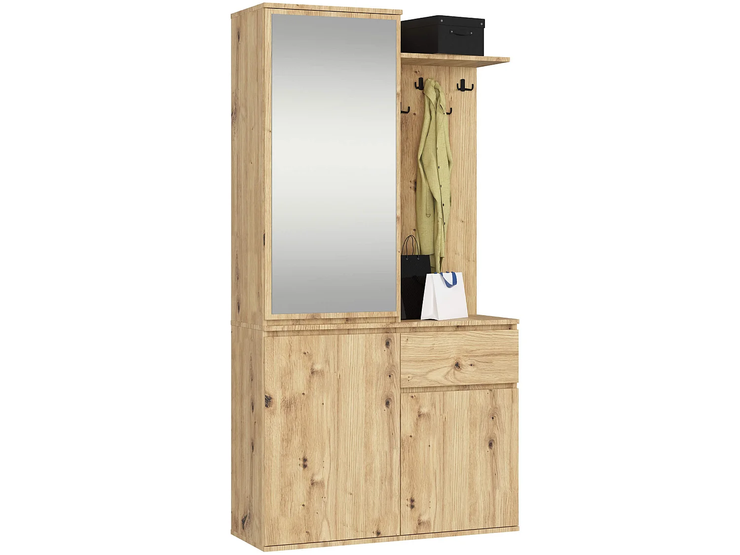 Ensemble de meubles d'entrée ENTRO Chêne Artisan avec armoire et miroir 95 cm 3 portes 1 tiroir 7 étagères 95x35x183 cm