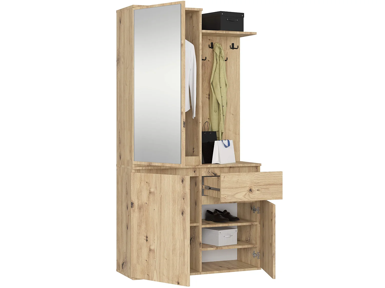 Ensemble de meubles d'entrée ENTRO Chêne Artisan avec armoire et miroir 95 cm 3 portes 1 tiroir 7 étagères 95x35x183 cm