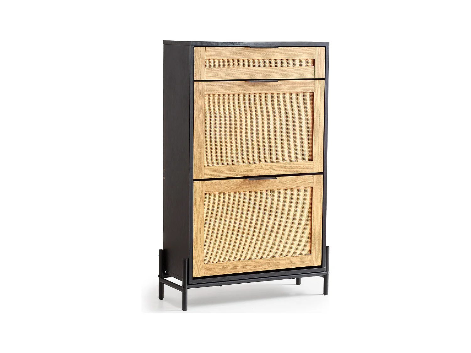 Meuble à Chaussures en Rotin SucceBuy, 2 Tiroirs Rabattables et 1 Tiroir Coulissant, Noir