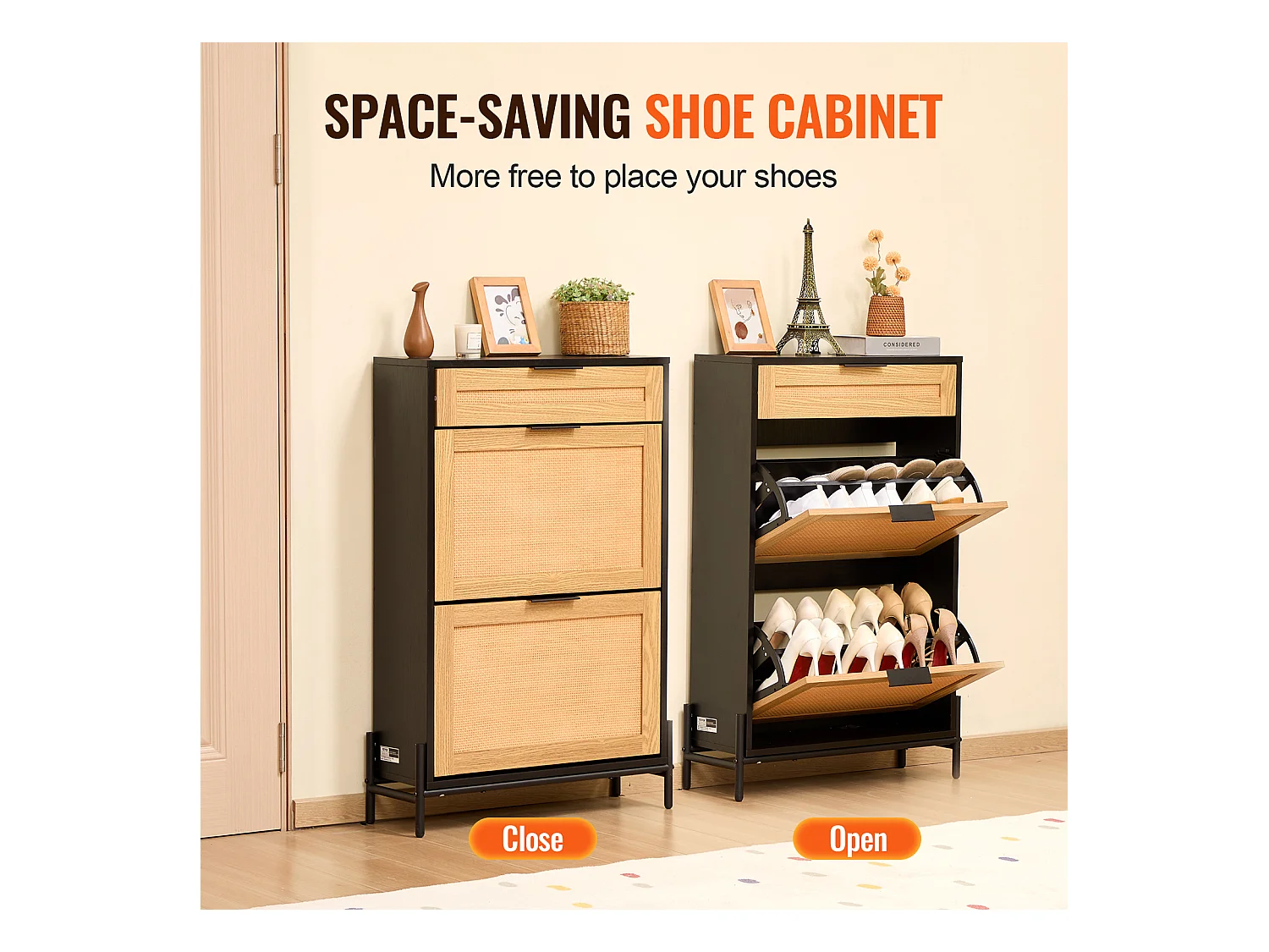 Meuble à Chaussures en Rotin SucceBuy, 2 Tiroirs Rabattables et 1 Tiroir Coulissant, Noir