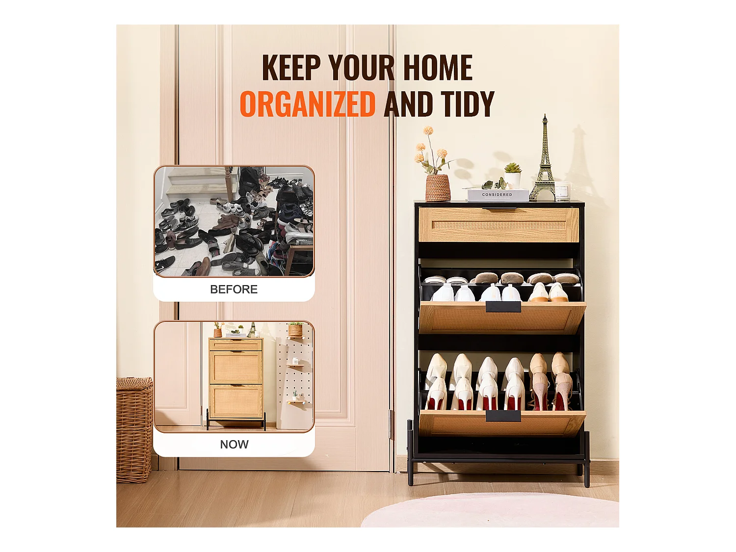 Meuble à Chaussures en Rotin SucceBuy, 2 Tiroirs Rabattables et 1 Tiroir Coulissant, Noir