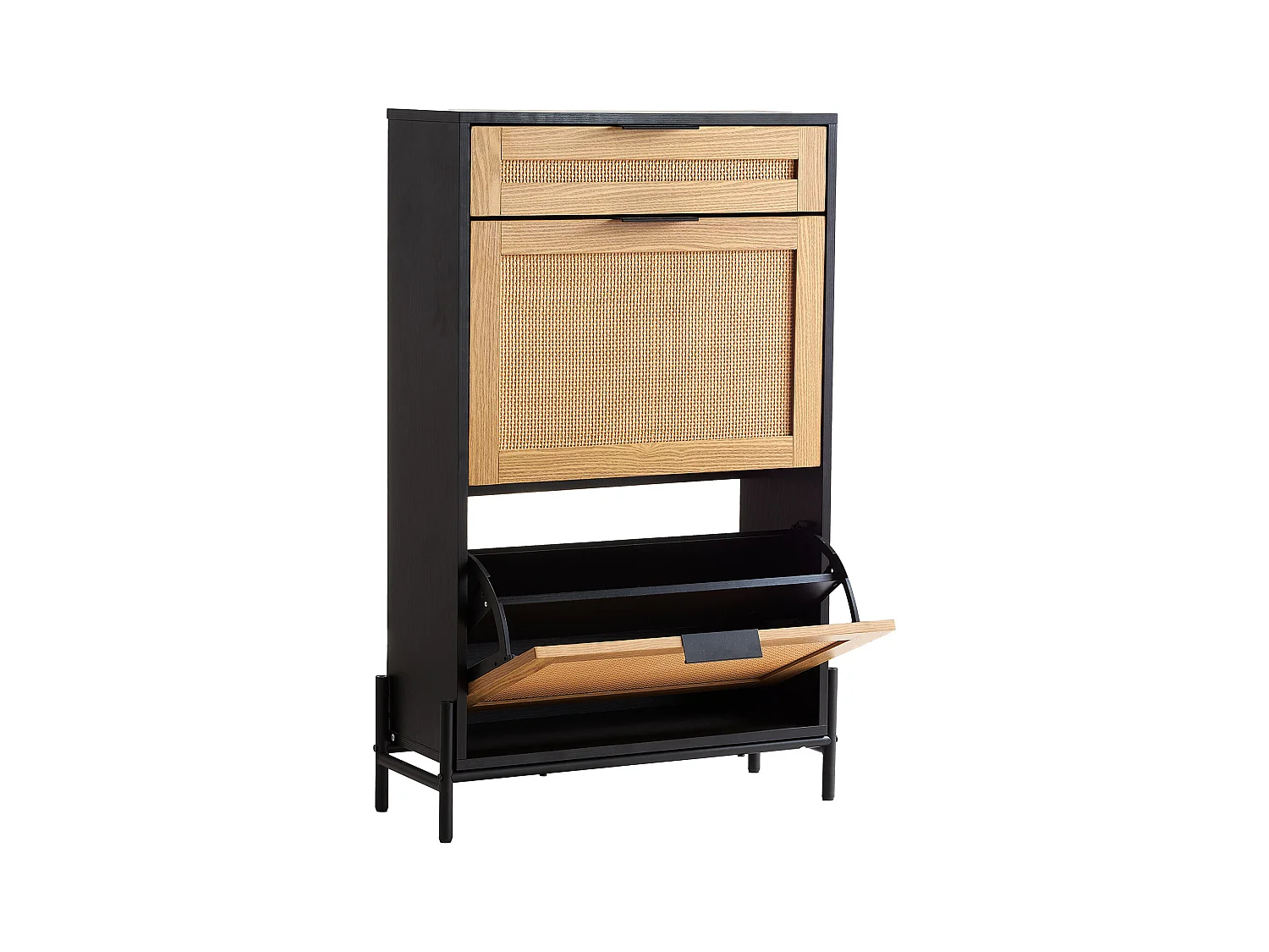 Meuble à Chaussures en Rotin SucceBuy, 2 Tiroirs Rabattables et 1 Tiroir Coulissant, Noir