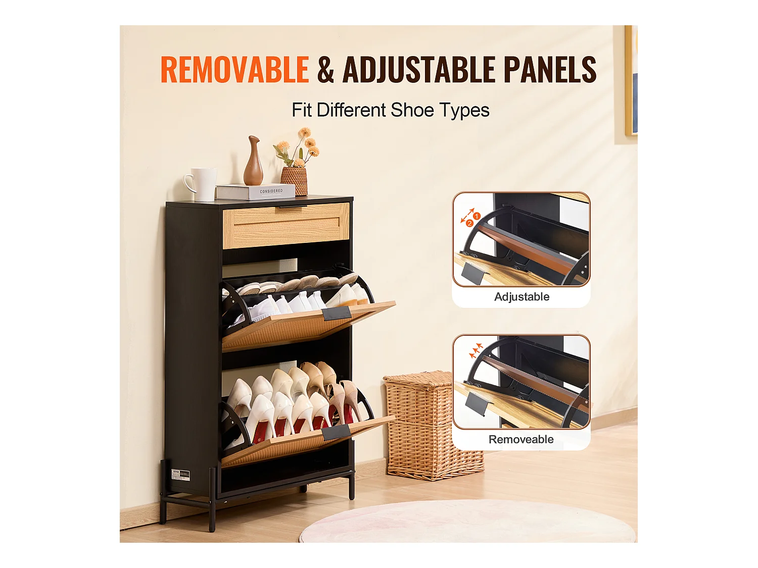 Meuble à Chaussures en Rotin SucceBuy, 2 Tiroirs Rabattables et 1 Tiroir Coulissant, Noir