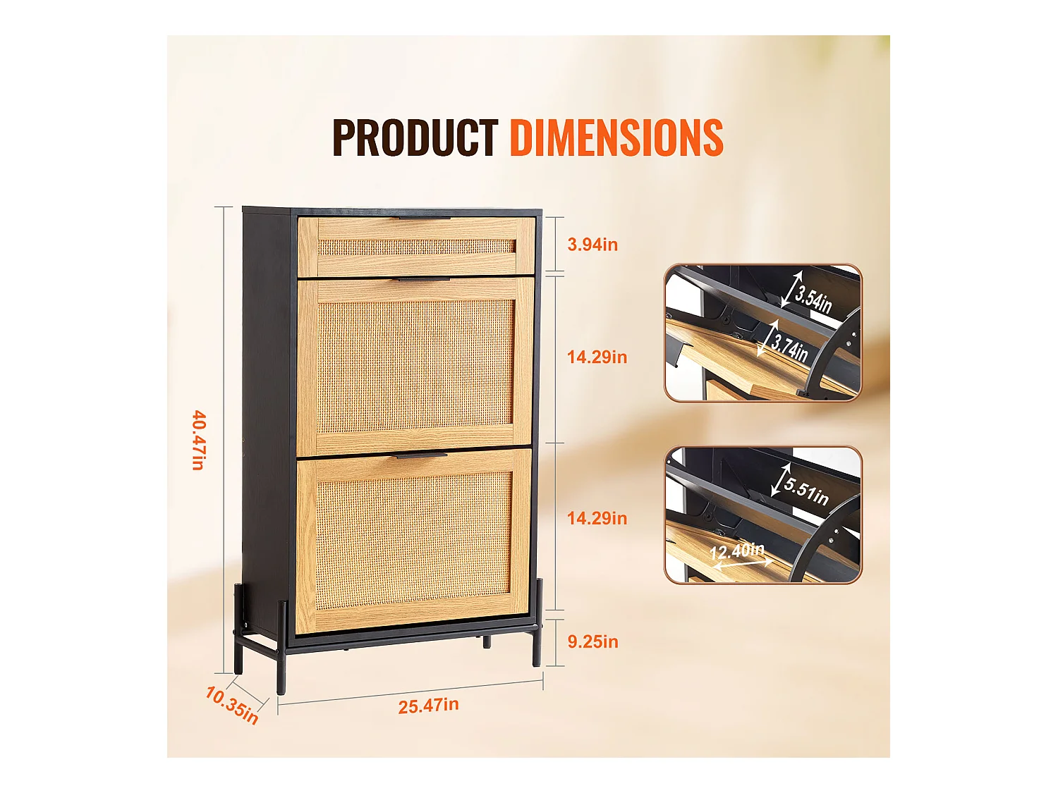 Meuble à Chaussures en Rotin SucceBuy, 2 Tiroirs Rabattables et 1 Tiroir Coulissant, Noir