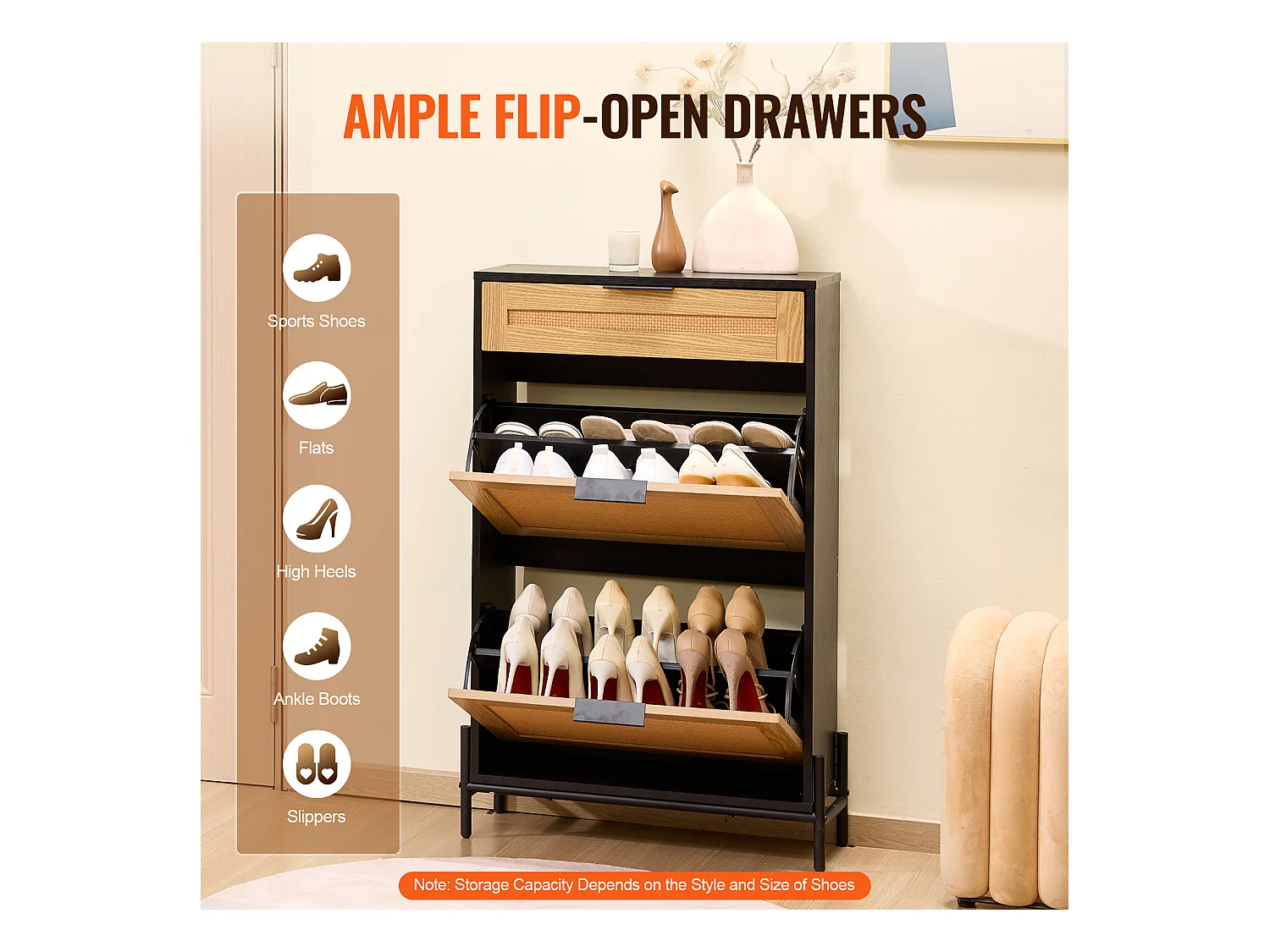 Meuble à Chaussures en Rotin SucceBuy, 2 Tiroirs Rabattables et 1 Tiroir Coulissant, Noir