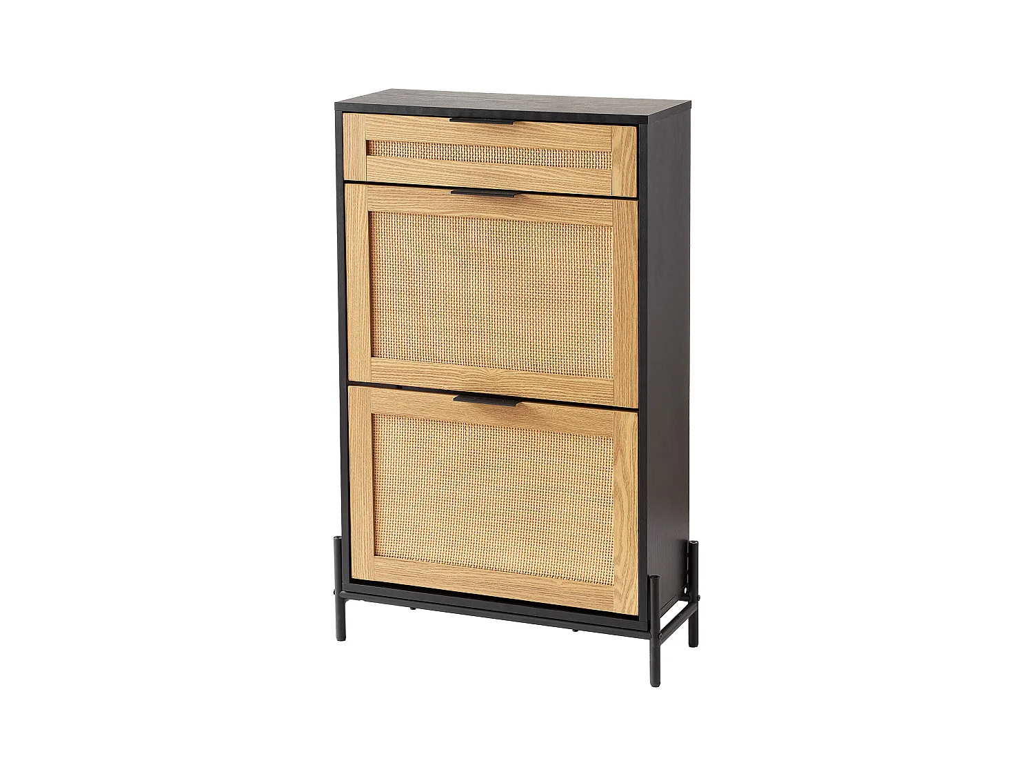 Meuble à Chaussures en Rotin SucceBuy, 2 Tiroirs Rabattables et 1 Tiroir Coulissant, Noir