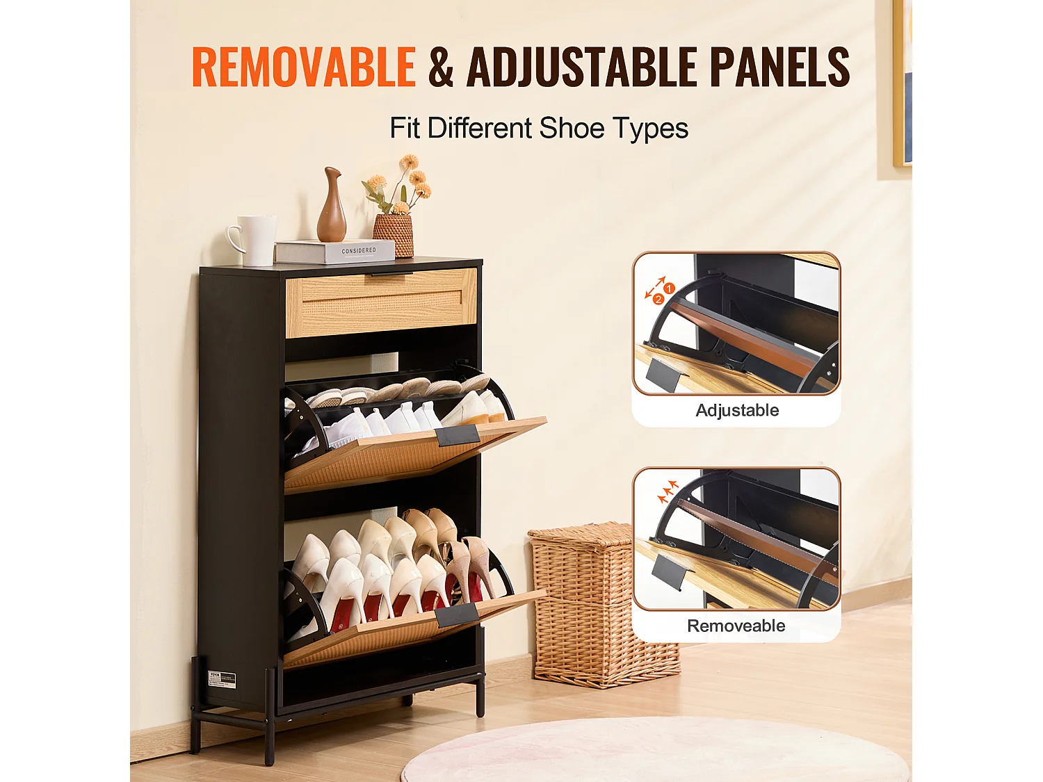 Schuhschrank Aus Rattan SucceBuy, 2 Klappschubladen Und 1 Schublade Zum Herausziehen, Schwarz