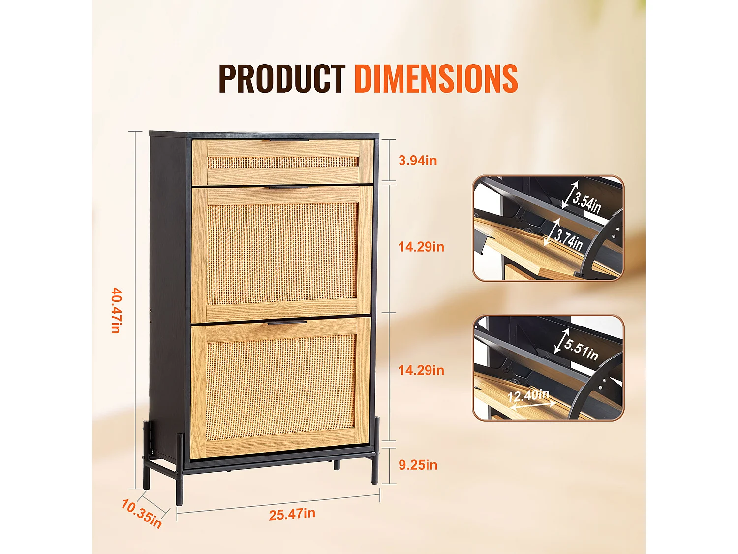 Schuhschrank Aus Rattan SucceBuy, 2 Klappschubladen Und 1 Schublade Zum Herausziehen, Schwarz