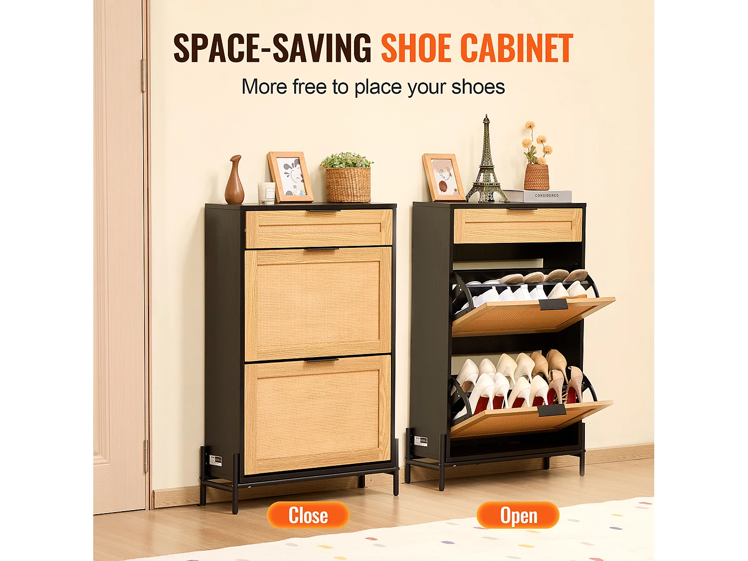 Schuhschrank Aus Rattan SucceBuy, 2 Klappschubladen Und 1 Schublade Zum Herausziehen, Schwarz