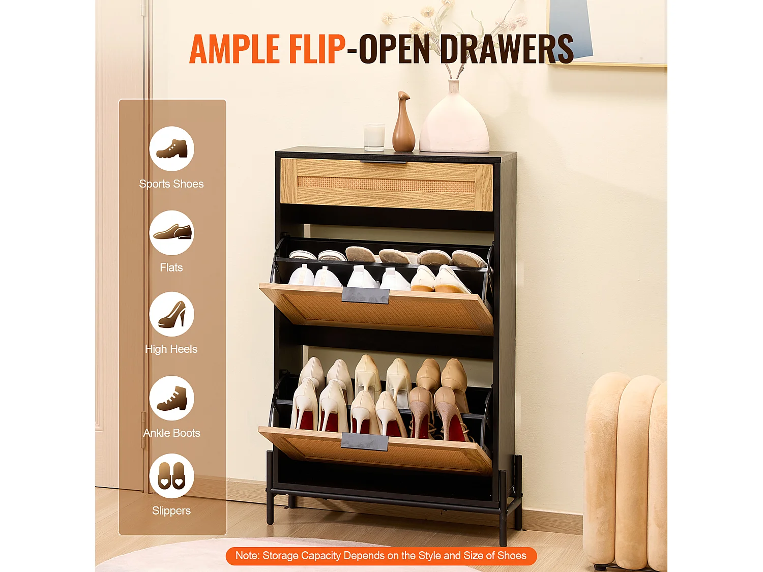 Schuhschrank Aus Rattan SucceBuy, 2 Klappschubladen Und 1 Schublade Zum Herausziehen, Schwarz