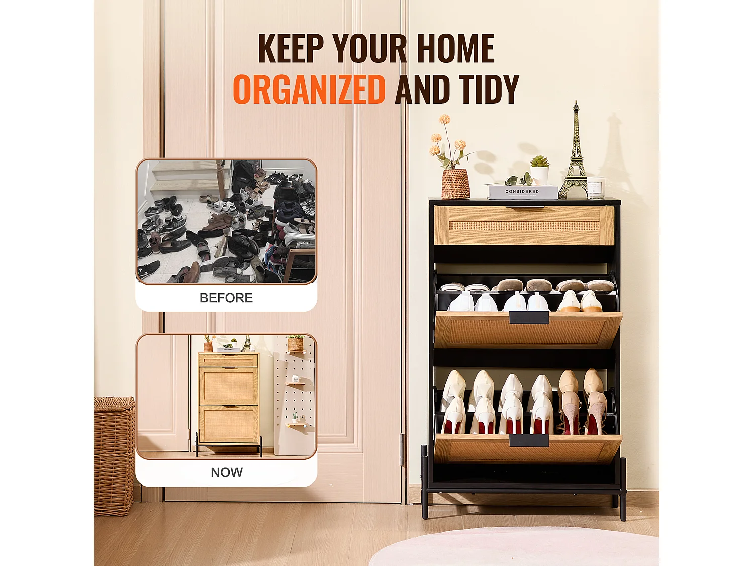 Schuhschrank Aus Rattan SucceBuy, 2 Klappschubladen Und 1 Schublade Zum Herausziehen, Schwarz