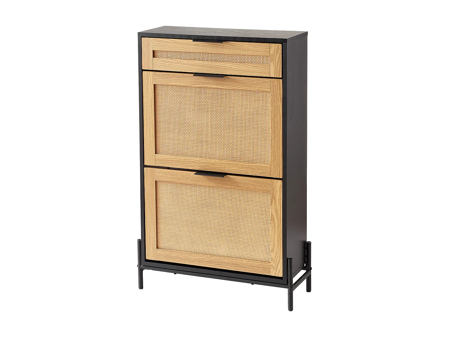 Schuhschrank Aus Rattan SucceBuy, 2 Klappschubladen Und 1 Schublade Zum Herausziehen, Schwarz