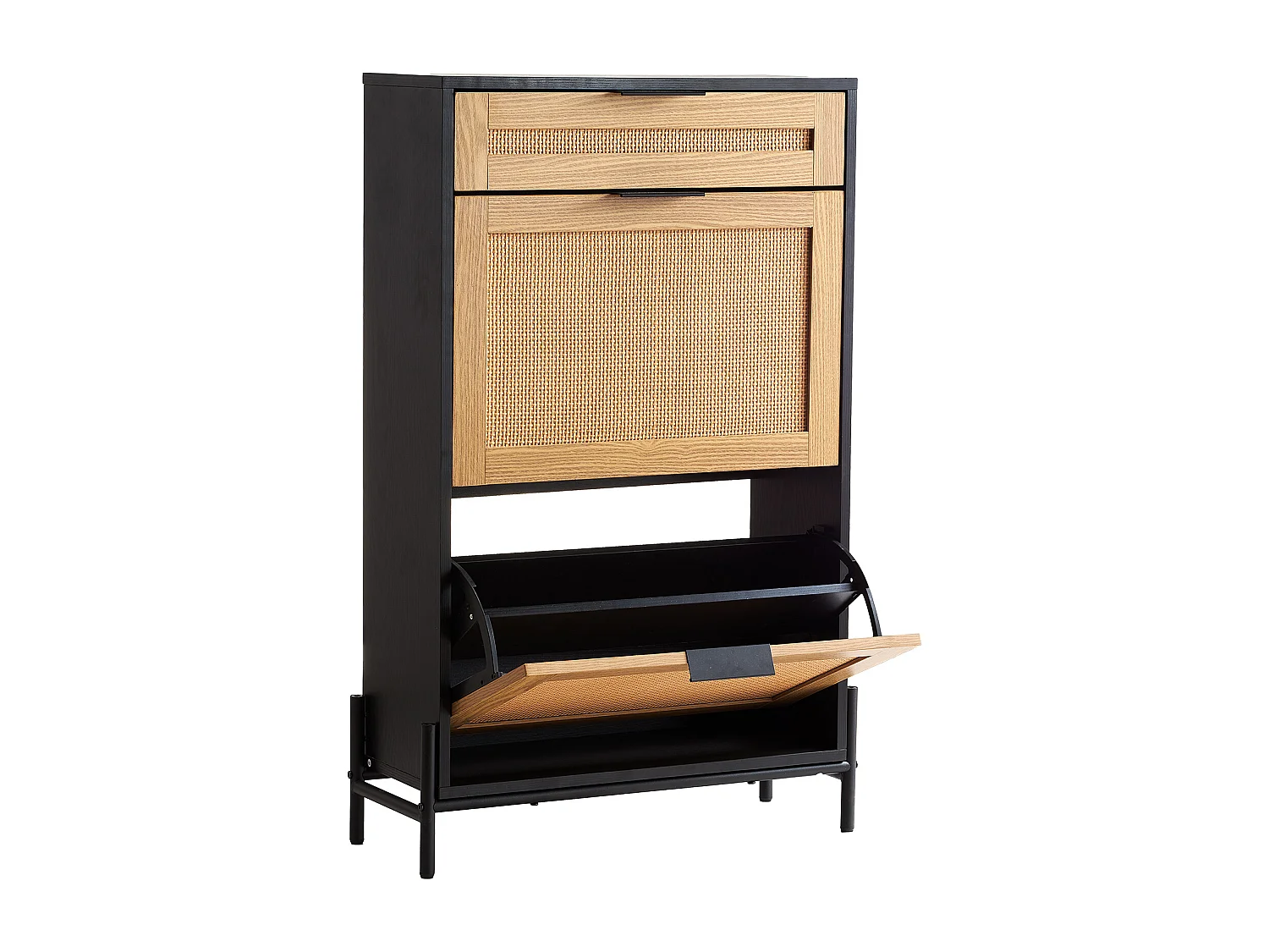 Schuhschrank Aus Rattan SucceBuy, 2 Klappschubladen Und 1 Schublade Zum Herausziehen, Schwarz