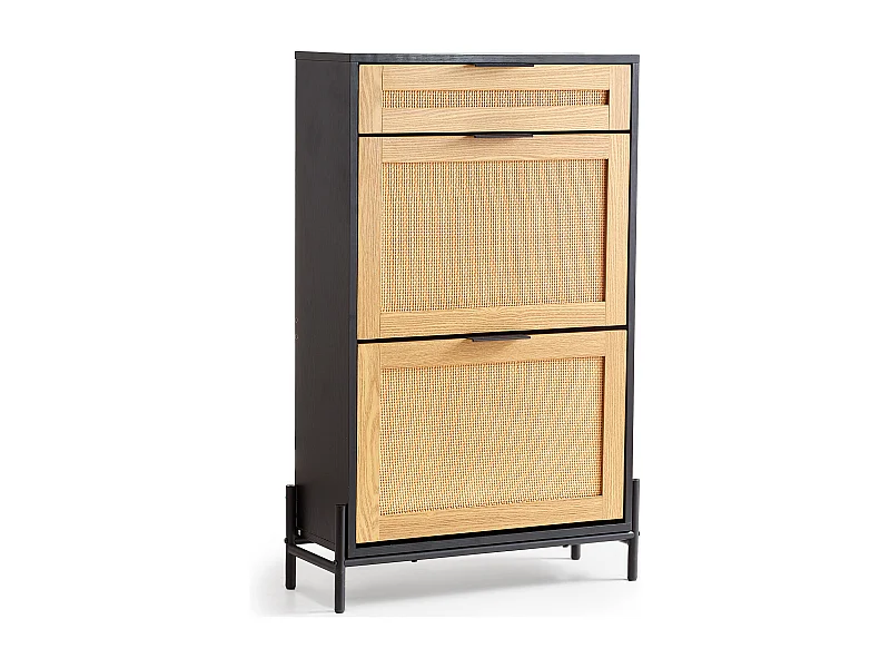 Mueble Para Zapatos De Ratán SucceBuy, 2 Cajones Abatibles Y 1 Cajón Corredero, Negro