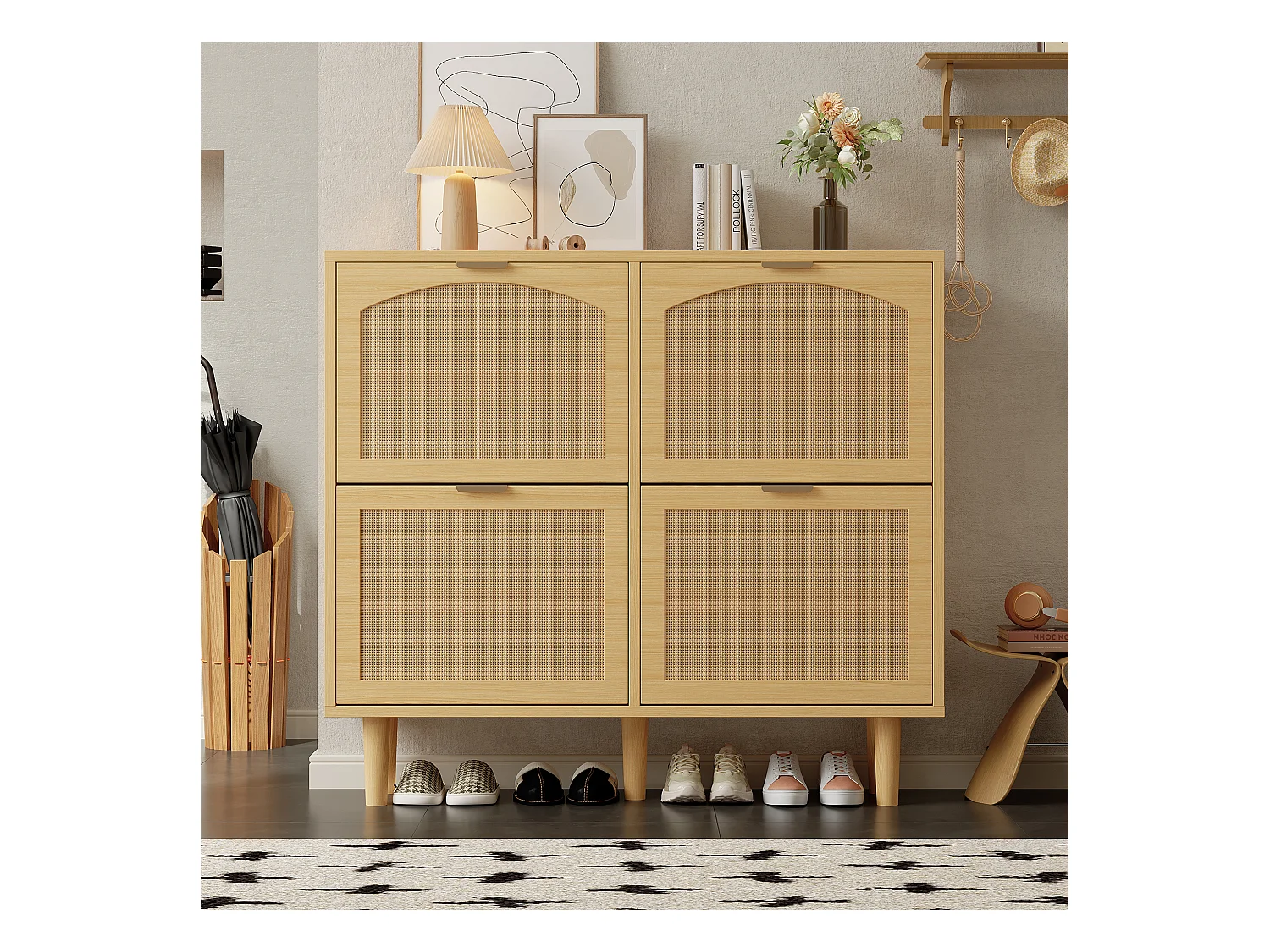 Meuble à chaussures en rotin - 100 x 25 x 90.3 cm - avec 4 tiroirs rabattables - aggloméré - naturel