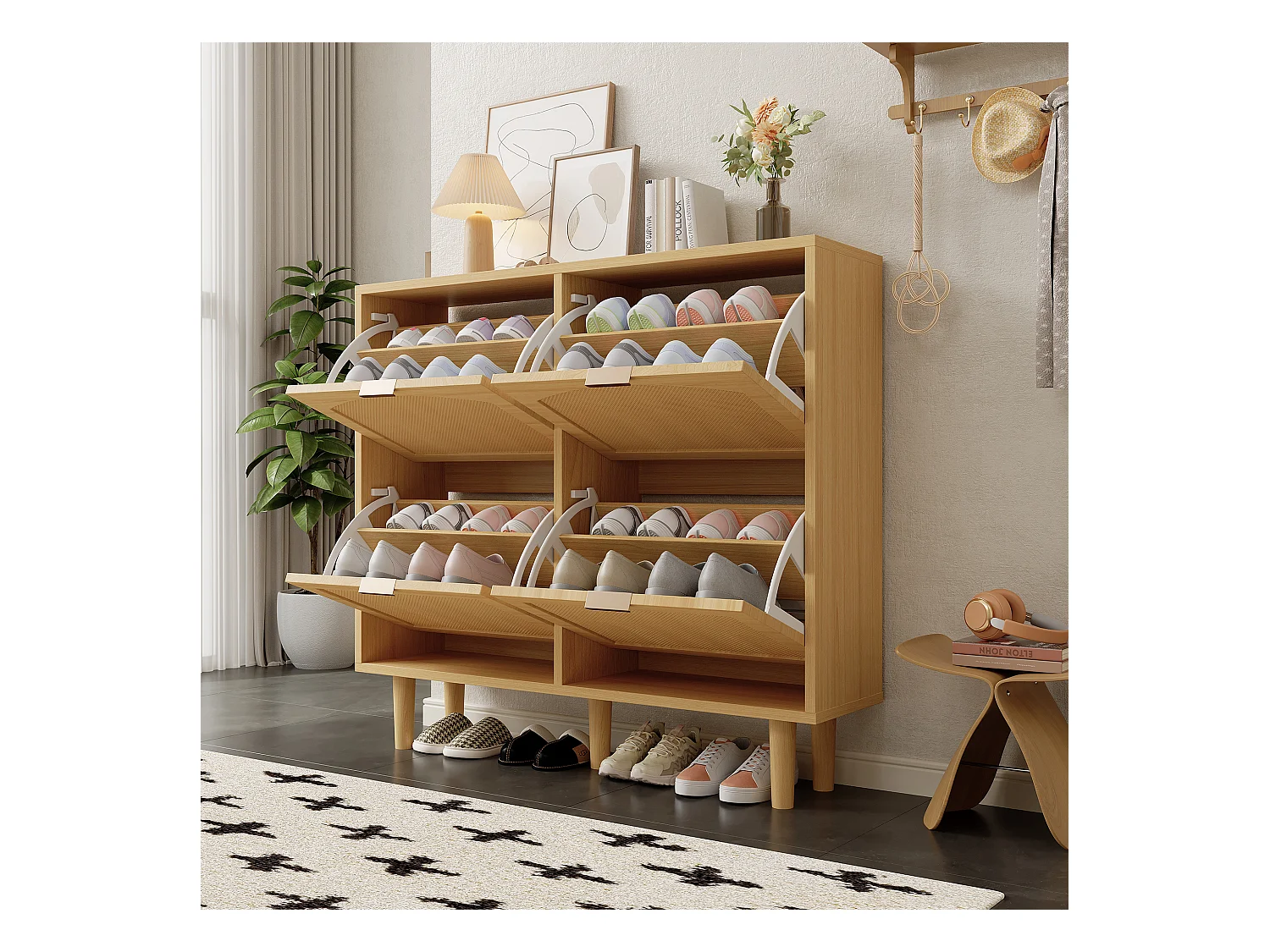 Meuble à chaussures en rotin - 100 x 25 x 90.3 cm - avec 4 tiroirs rabattables - aggloméré - naturel