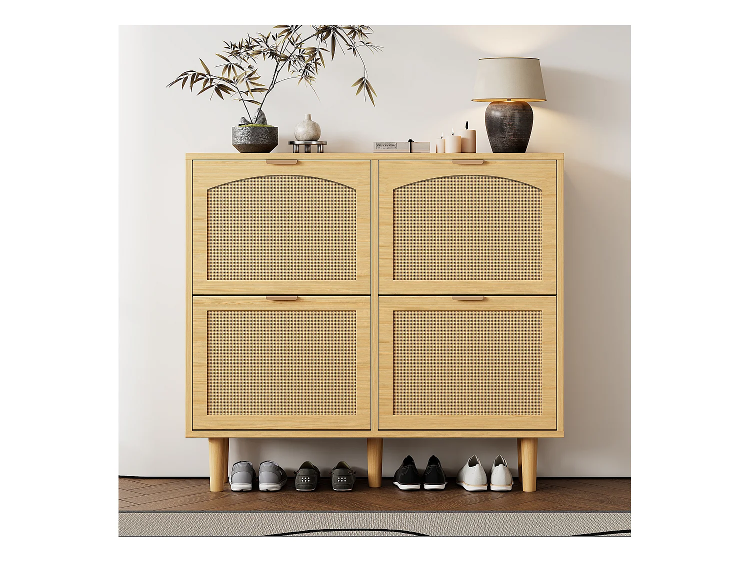 Meuble à chaussures en rotin - 100 x 25 x 90.3 cm - avec 4 tiroirs rabattables - aggloméré - naturel