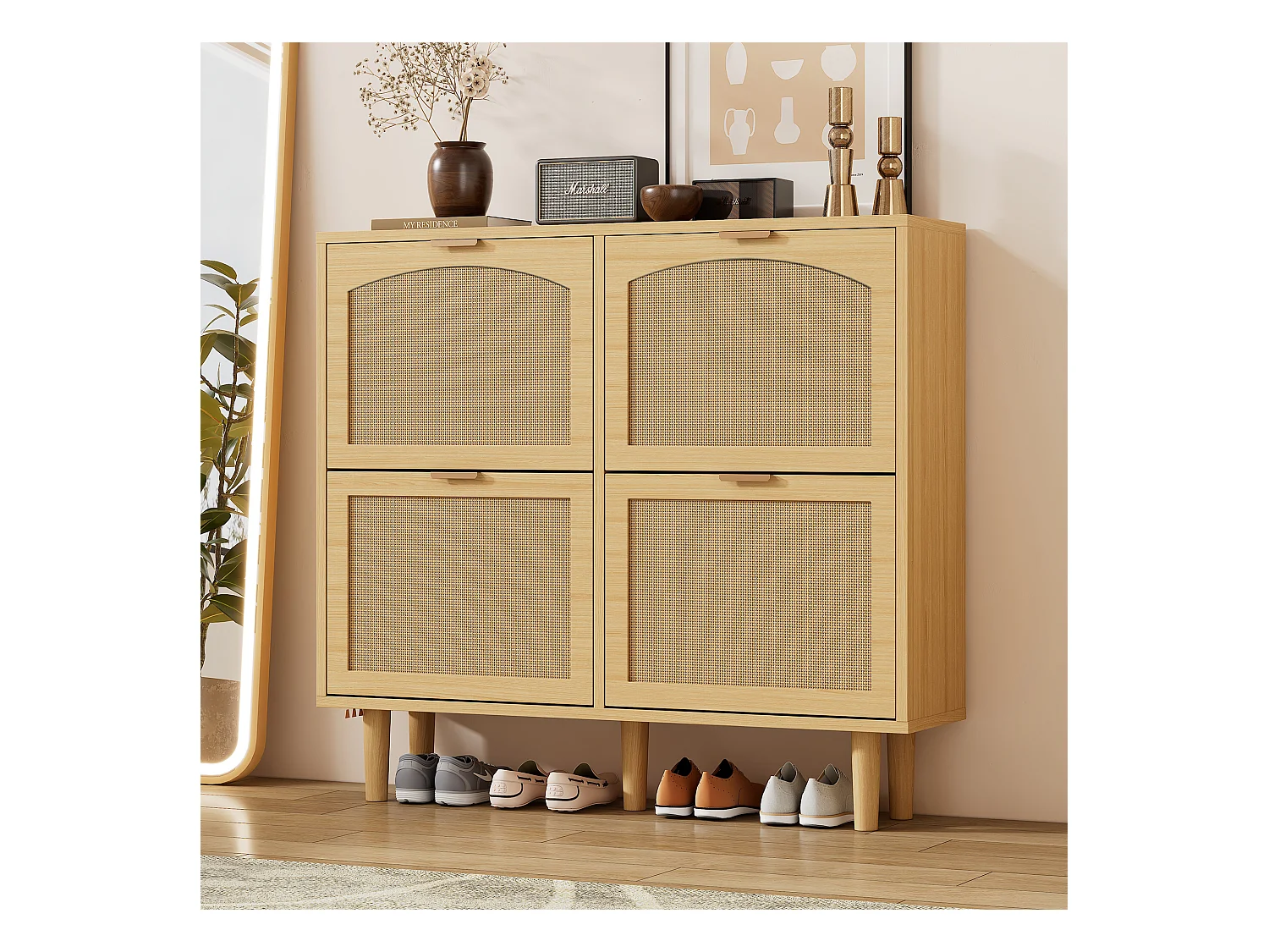 Meuble à chaussures en rotin - 100 x 25 x 90.3 cm - avec 4 tiroirs rabattables - aggloméré - naturel