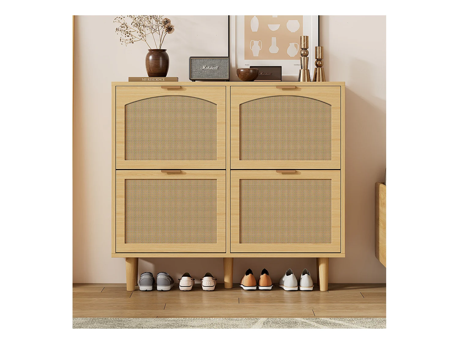 Meuble à chaussures en rotin - 100 x 25 x 90.3 cm - avec 4 tiroirs rabattables - aggloméré - naturel