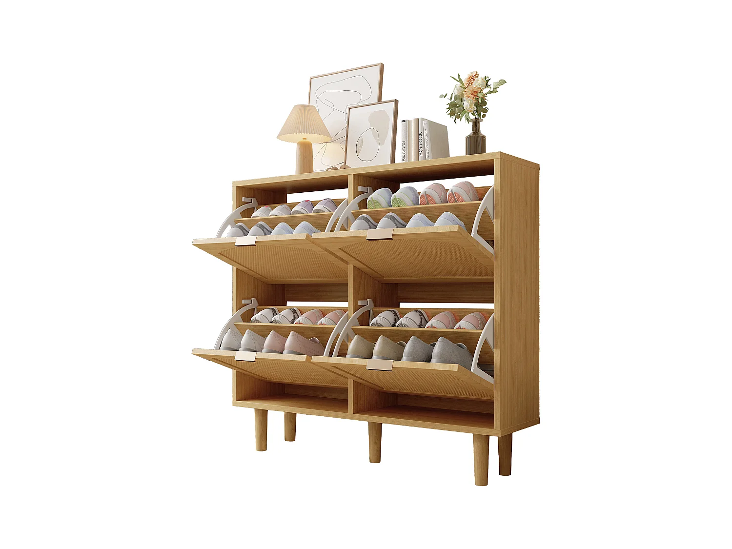 Meuble à chaussures en rotin - 100 x 25 x 90.3 cm - avec 4 tiroirs rabattables - aggloméré - naturel