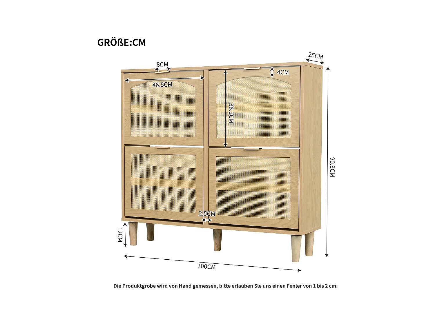 Meuble à chaussures en rotin - 100 x 25 x 90.3 cm - avec 4 tiroirs rabattables - aggloméré - naturel